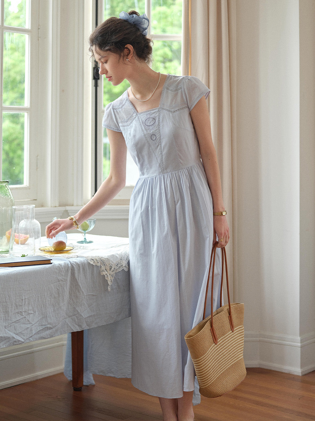 Kaia Square Neck Embroidery Dress