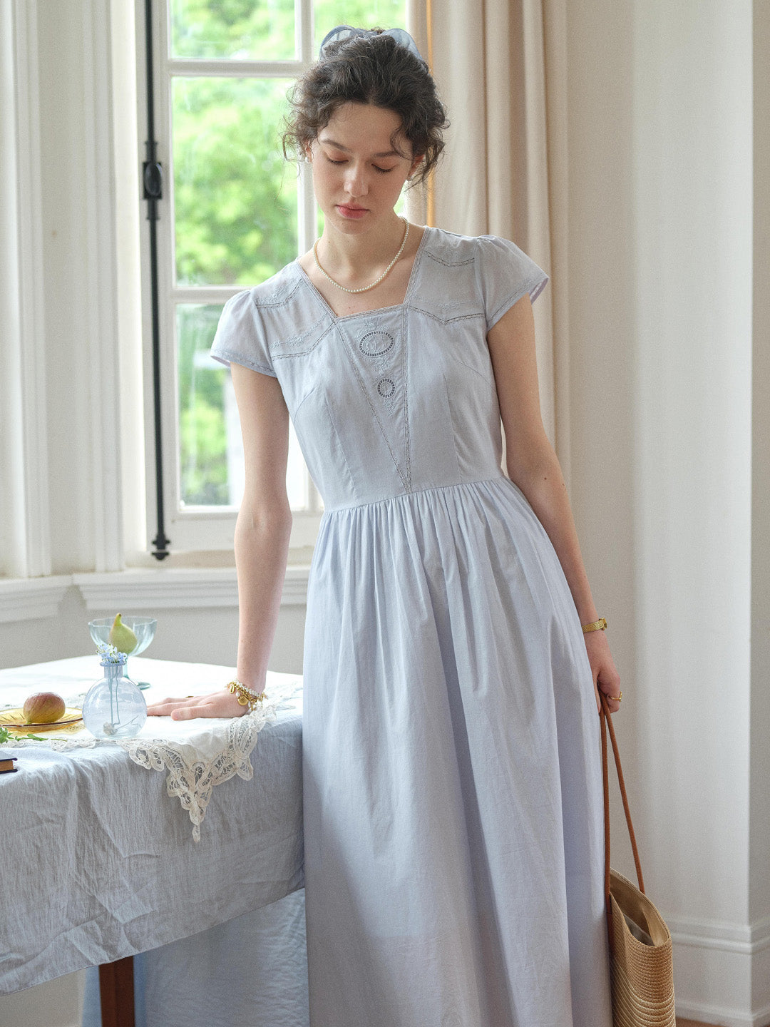 Kaia Square Neck Embroidery Dress