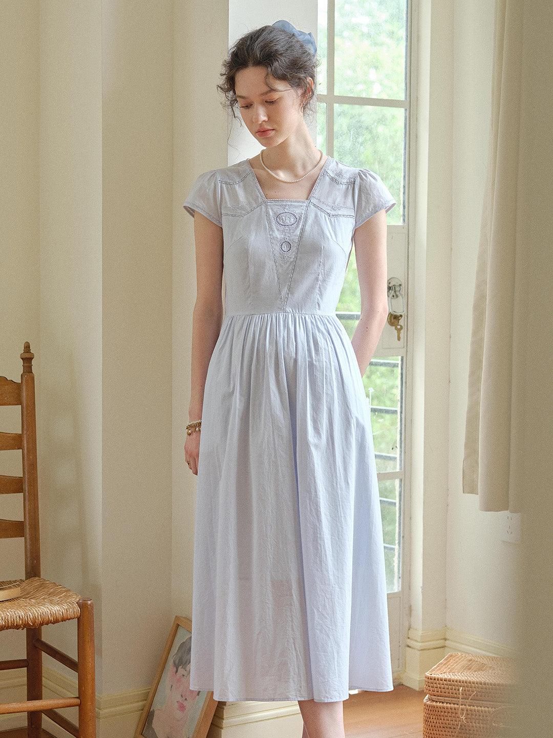 Kaia Square Neck Embroidery Dress
