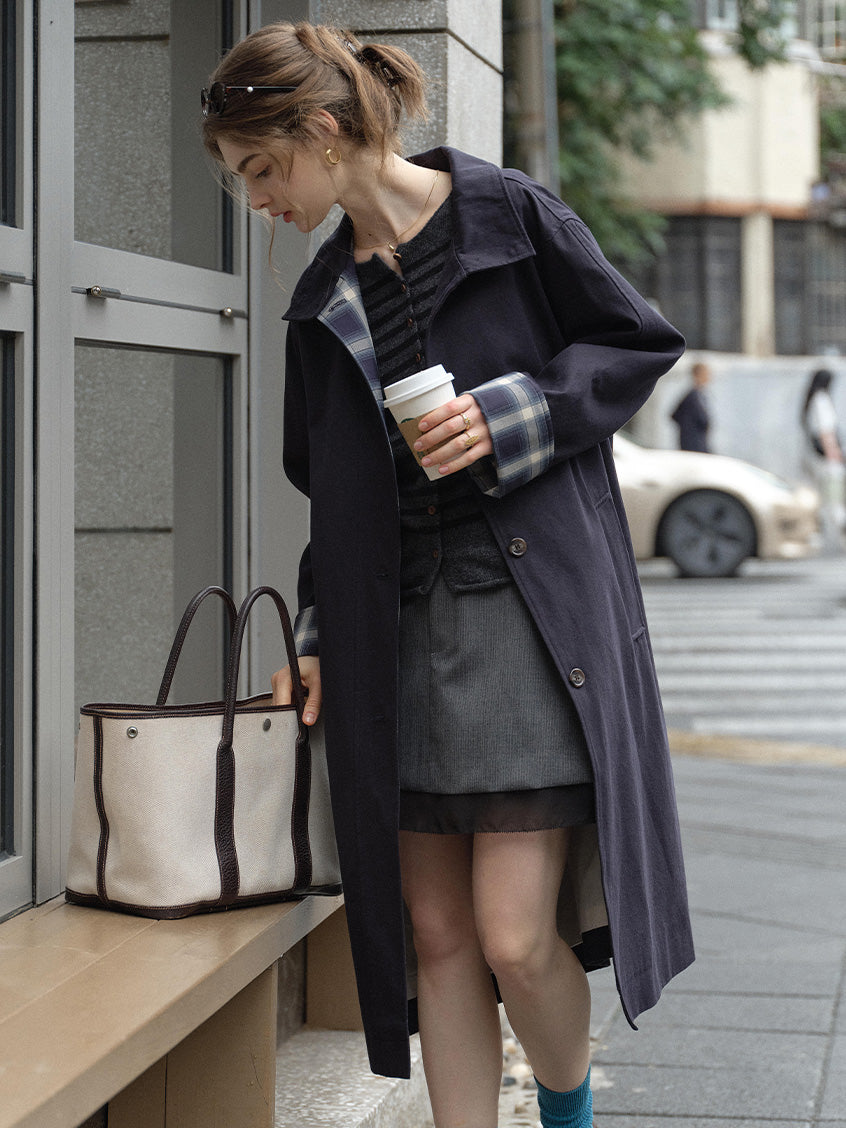 Nyra Plaid Cuff Single-Breasted Long Trench Coat