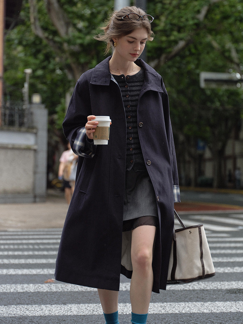 Nyra Plaid Cuff Single-Breasted Long Trench Coat