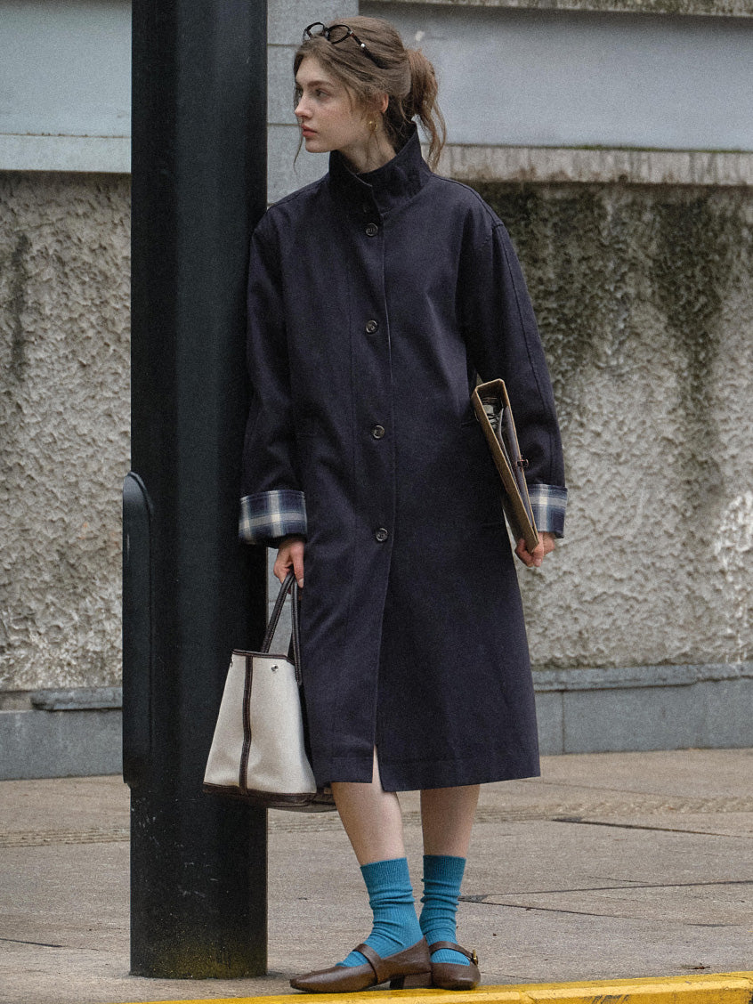 Nyra Plaid Cuff Single-Breasted Long Trench Coat