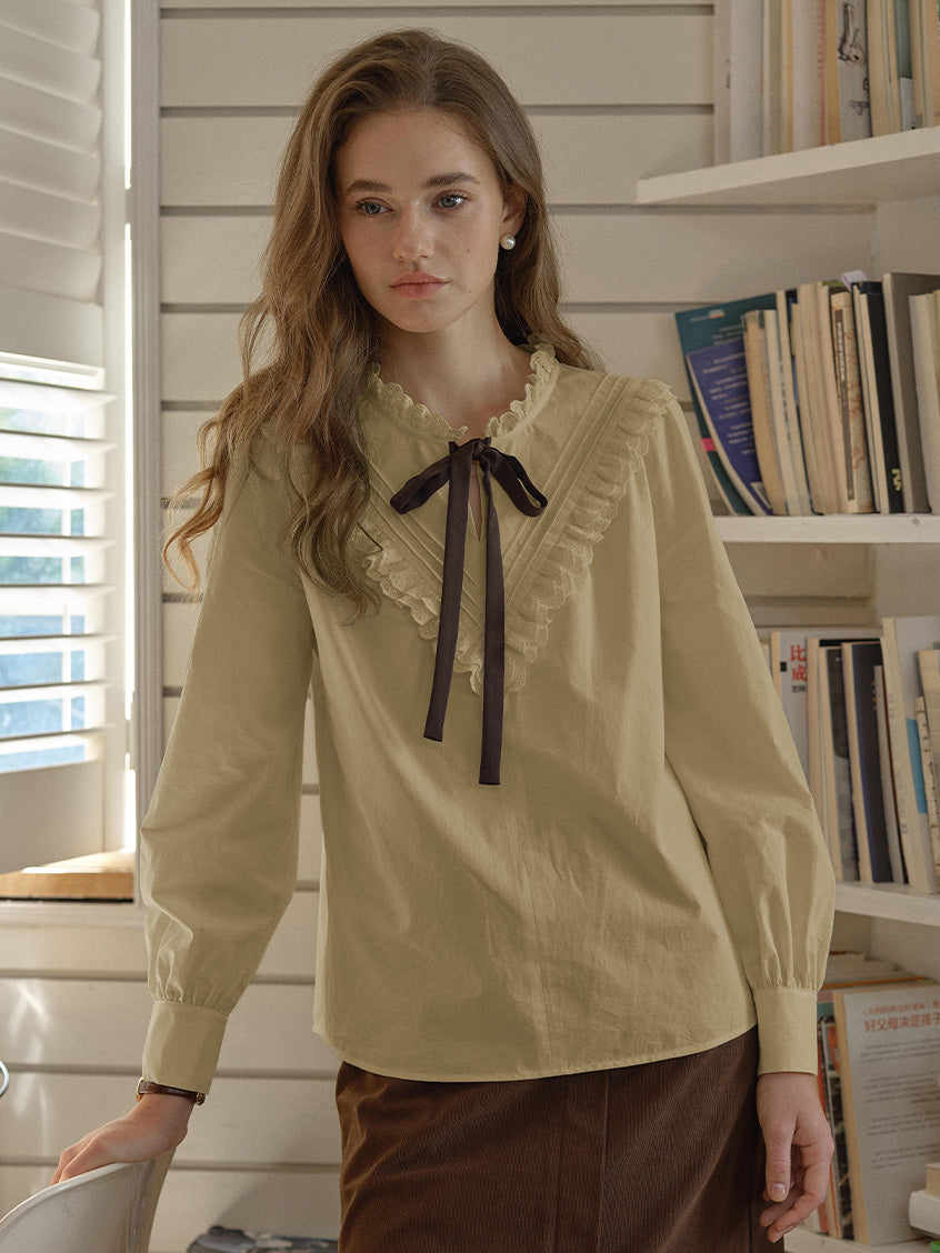 Yareli Vintage Lace Panel Contrasting Lace-up Ruffle Collar Blouse