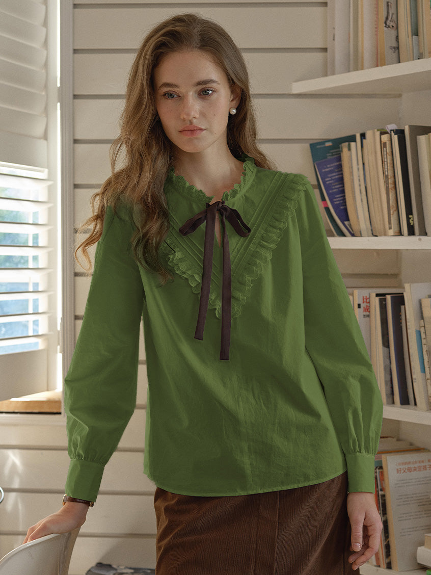 Yareli Vintage Lace Panel Contrasting Lace-up Ruffle Collar Blouse