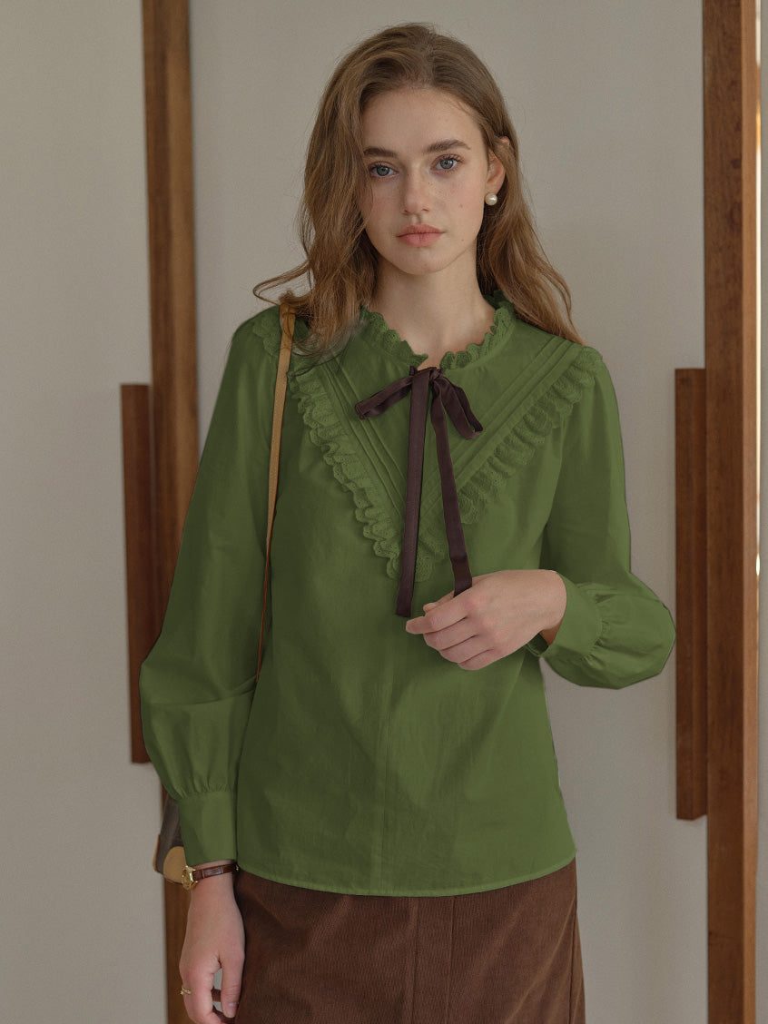 Yareli Vintage Lace Panel Contrasting Lace-up Ruffle Collar Blouse