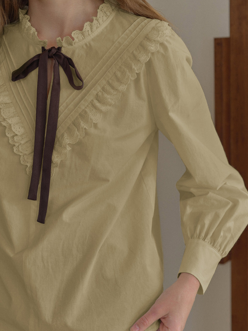 Yareli Vintage Lace Panel Contrasting Lace-up Ruffle Collar Blouse