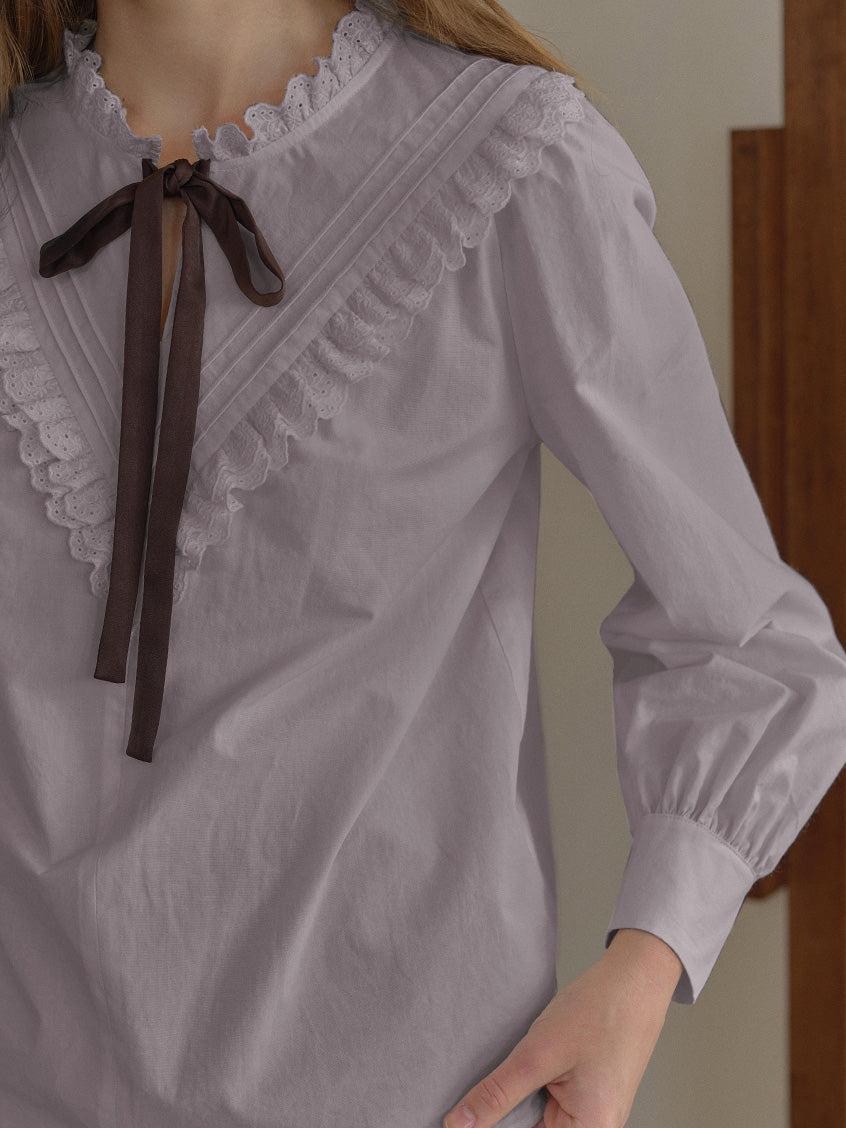 Yareli Vintage Lace Panel Contrasting Lace-up Ruffle Collar Blouse