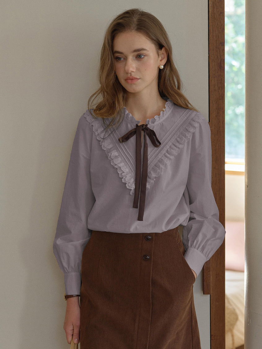 Yareli Vintage Lace Panel Contrasting Lace-up Ruffle Collar Blouse