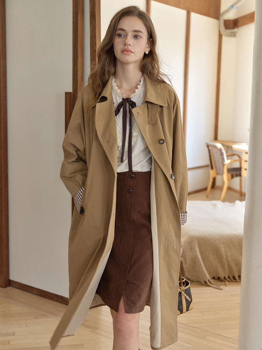 Genevieve 100%Cotton Tie-Waist Loose Mid-length Coat