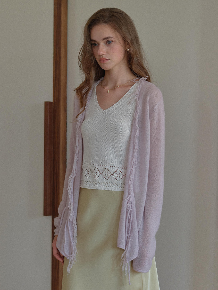 Celine French-Style V-Neck Tassel Wool Cardigan
