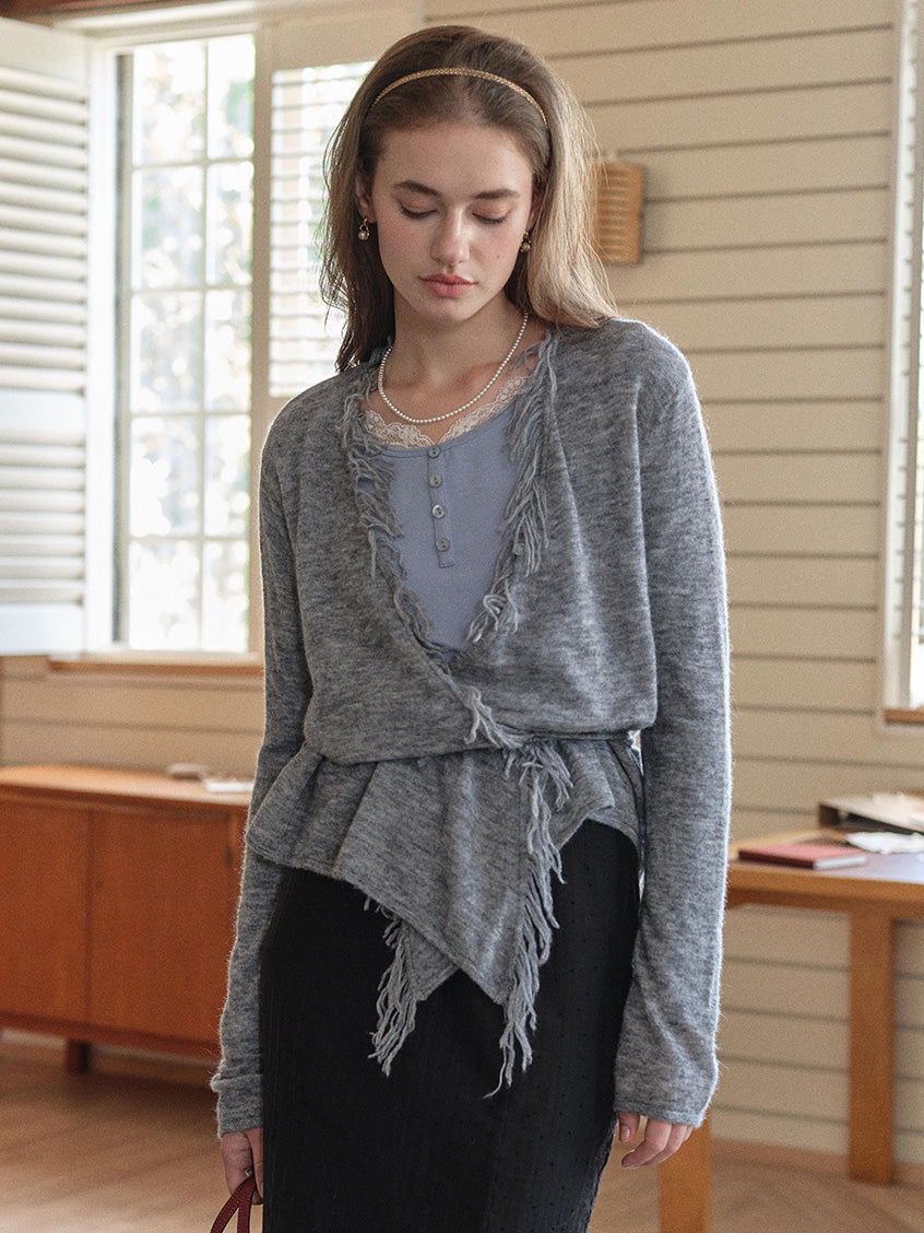 Celine French-Style V-Neck Tassel Wool Cardigan