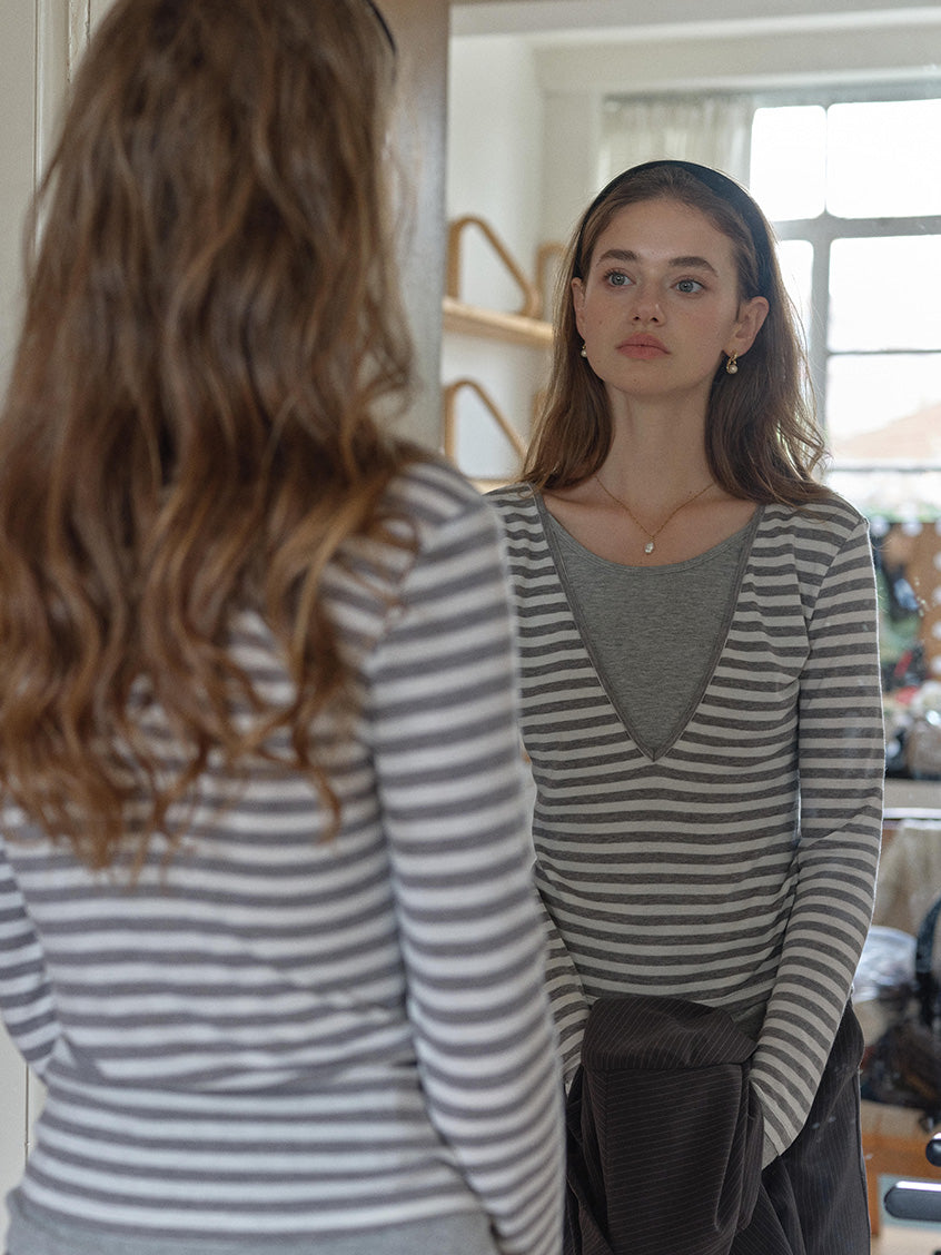 Amyra All-Purpose Cozy V-Neck Striped Layered Top
