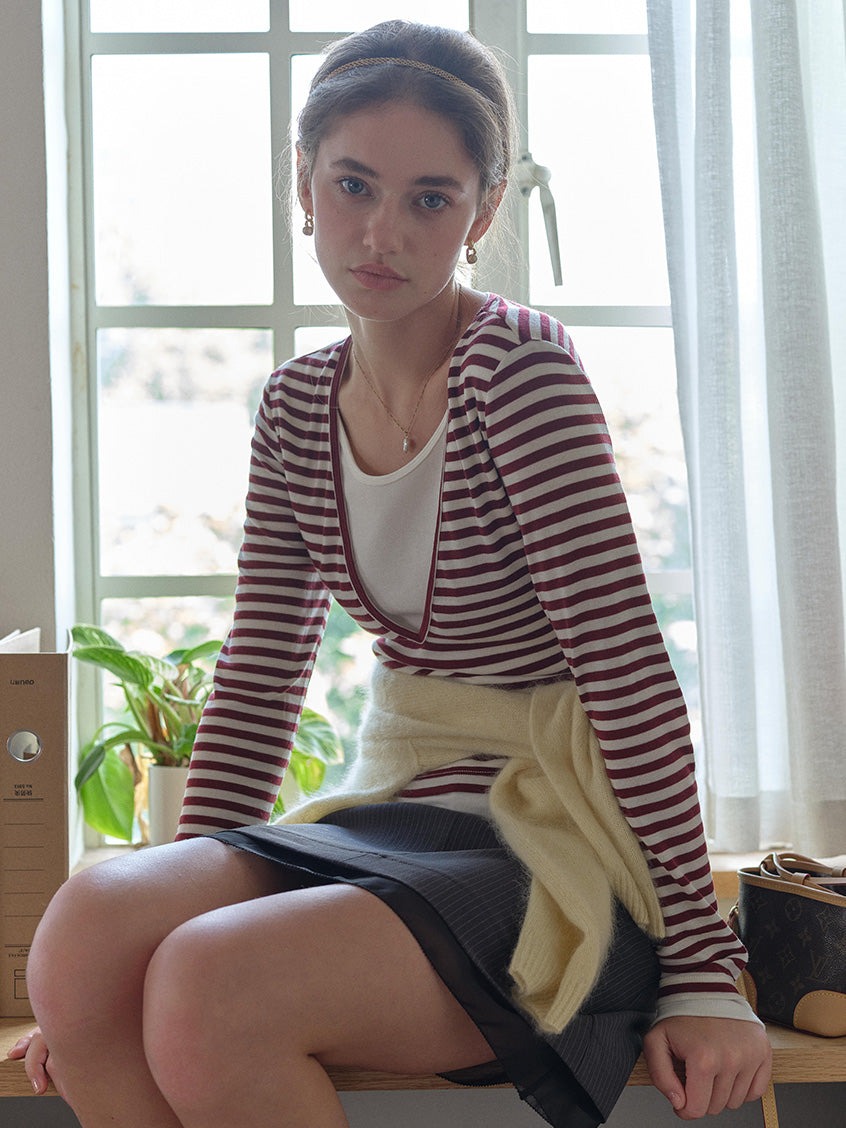 Amyra All-Purpose Cozy V-Neck Striped Layered Top