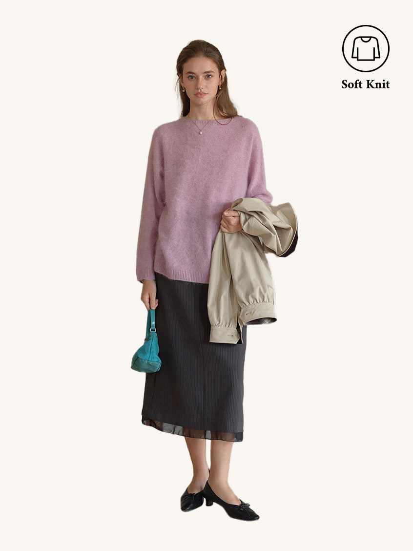 2Pcs Set Tru Cloud-Soft Wool Round Neck Sweater Tangerine Yellow & Natasha Pinstripe A-Line Layered Midi Skirt