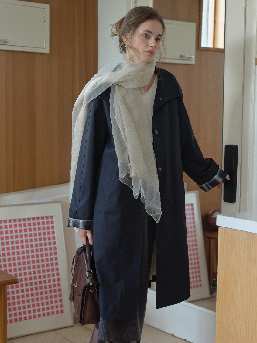 Nyra Plaid Cuff Single-Breasted Long Trench Coat