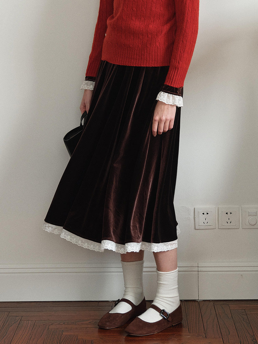 Carlota Lace Hem Pocket Velvet Midi Skirt