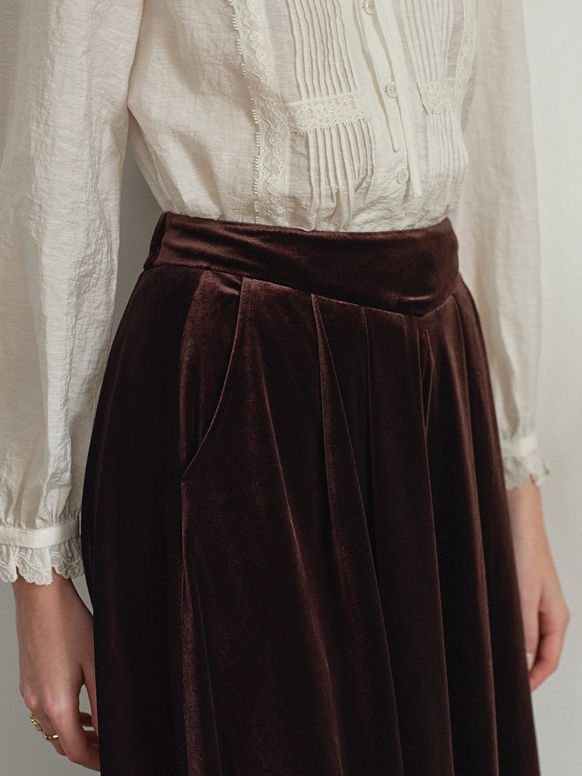 Carlota Lace Hem Pocket Velvet Midi Skirt