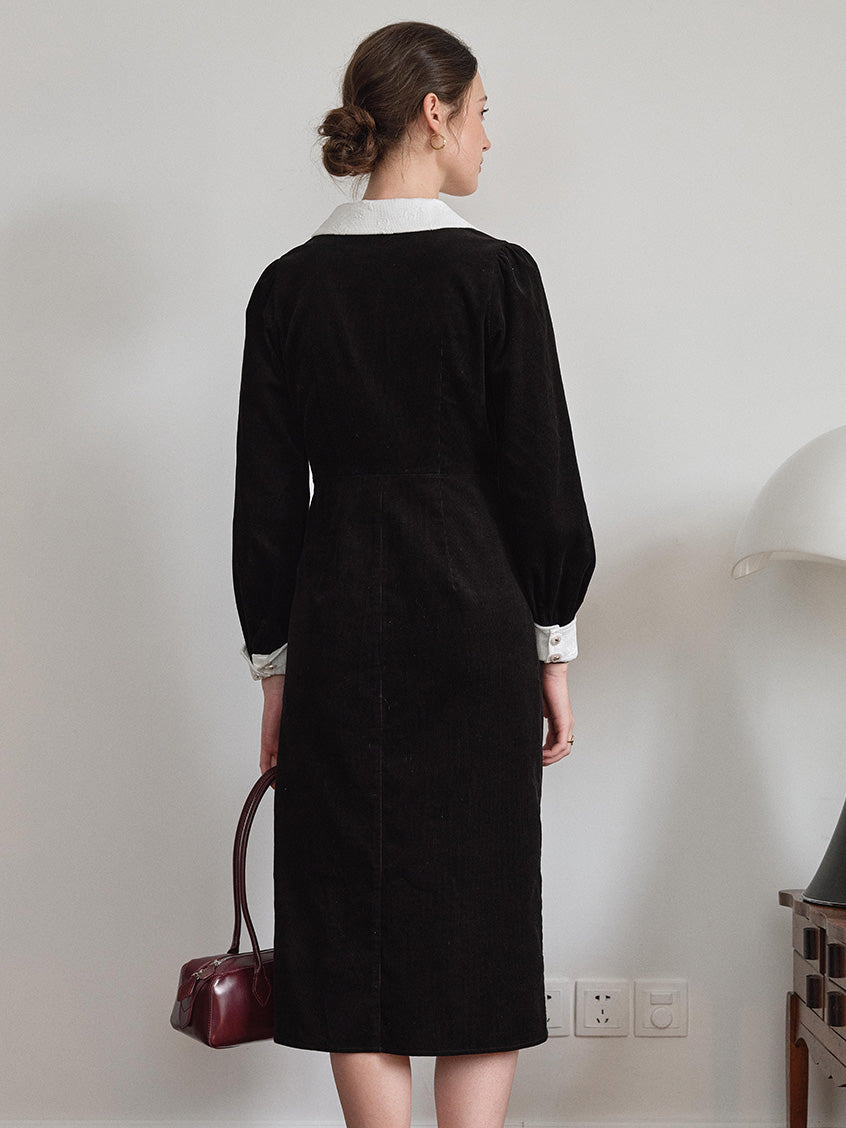 Aine Peter-Pan Collar Contrast-Cuff Button-Front Dress