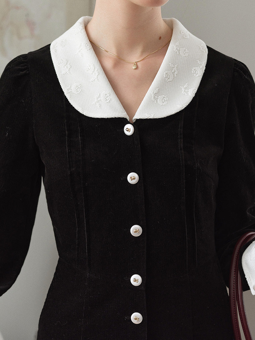 Aine Peter-Pan Collar Contrast-Cuff Button-Front Dress