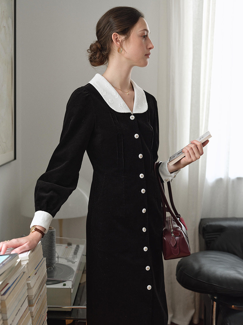 Aine Peter-Pan Collar Contrast-Cuff Button-Front Dress
