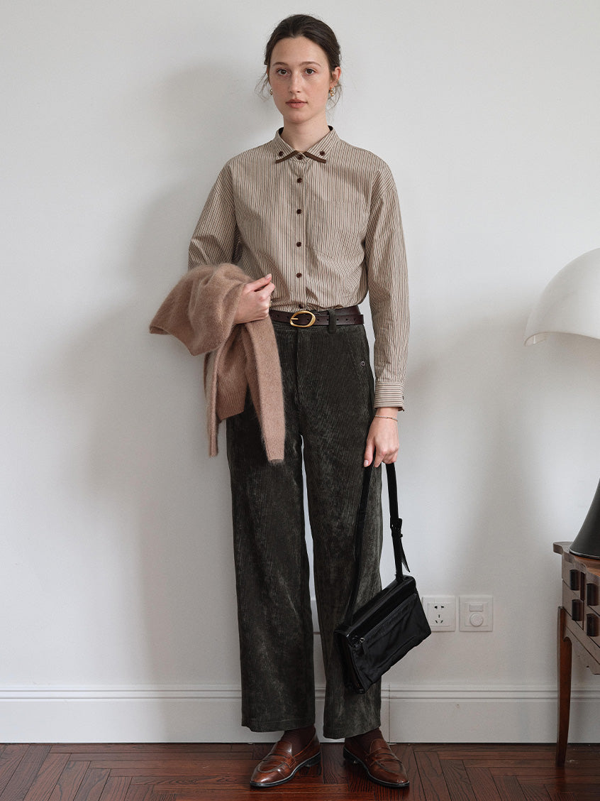 Aine 100%Cotton Contrast-Trim Pinstripe Shirt