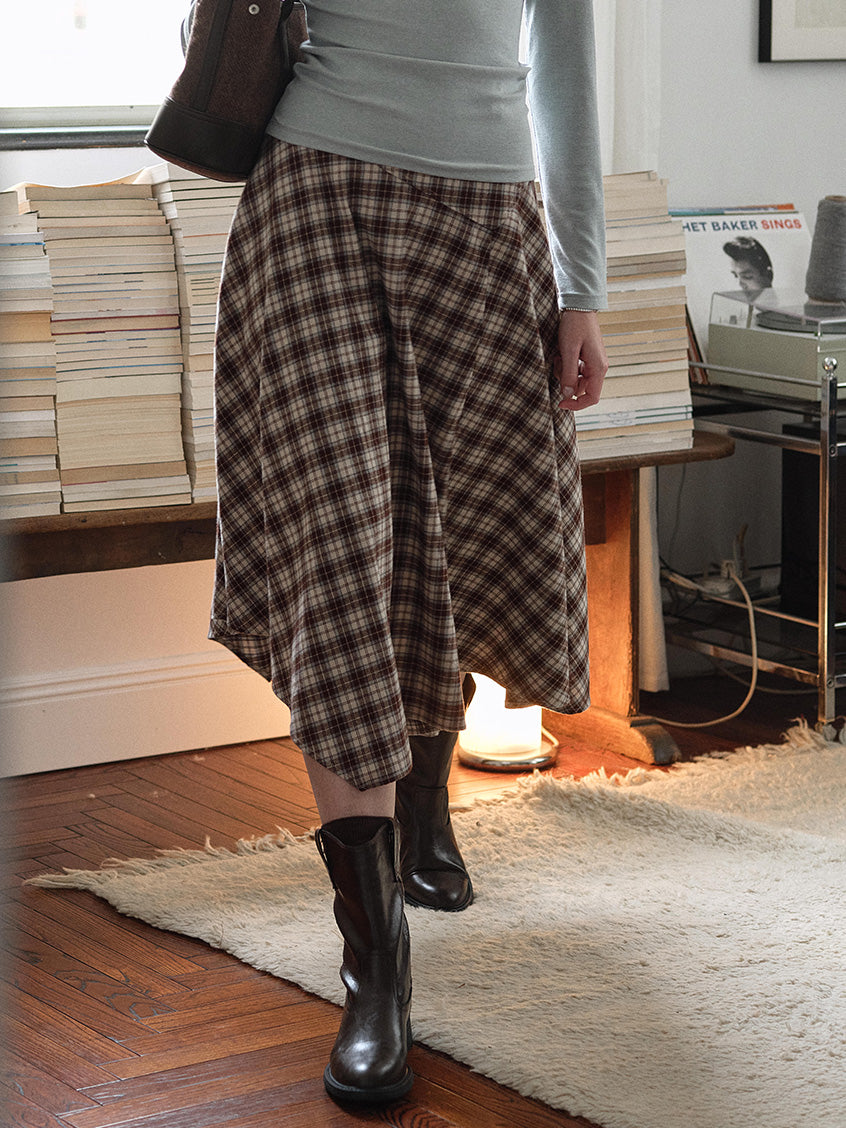 Varvara 100% Cotton Irregular-Hem Plaid Midi Skirt