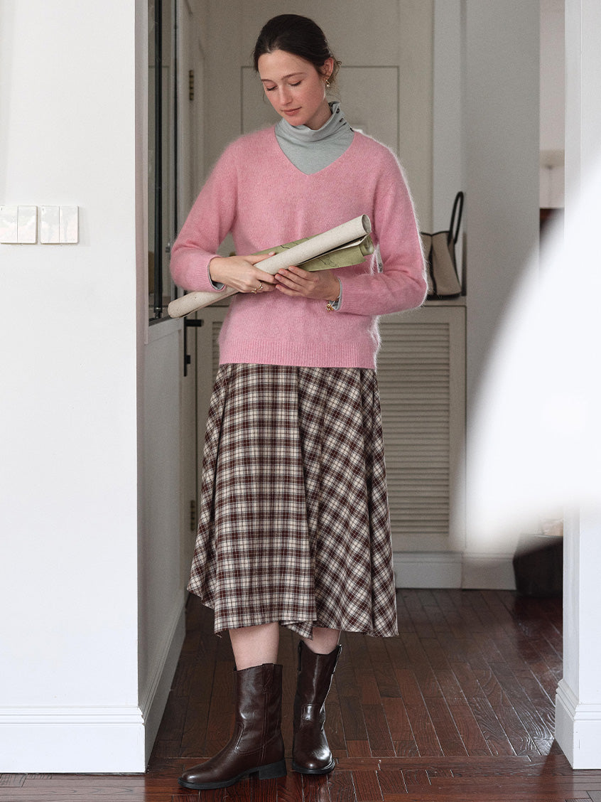 Varvara 100% Cotton Irregular-Hem Plaid Midi Skirt