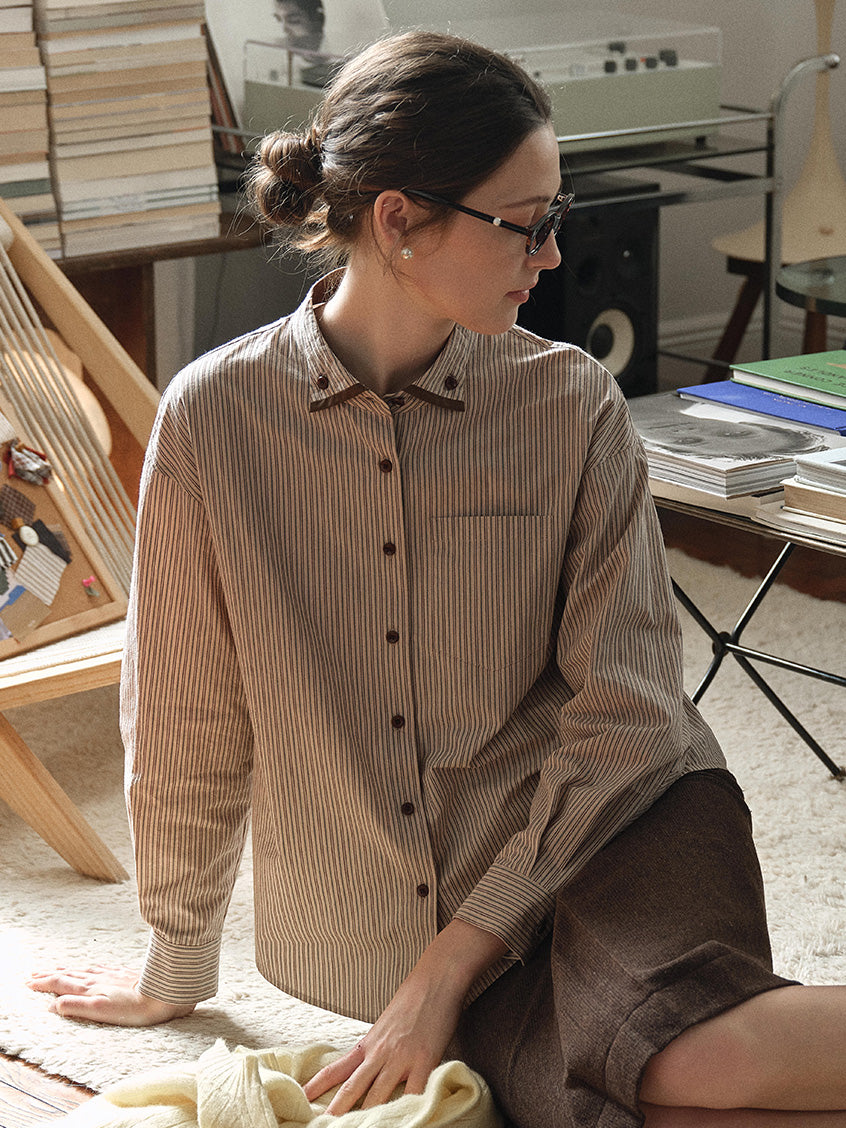 Aine 100%Cotton Contrast-Trim Pinstripe Shirt