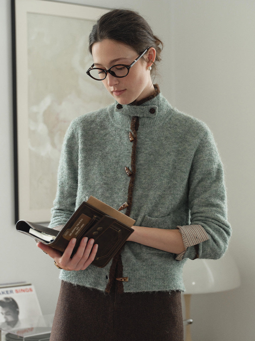 Kalliope Faux-Horn Button Contrast-Trim Cardigan