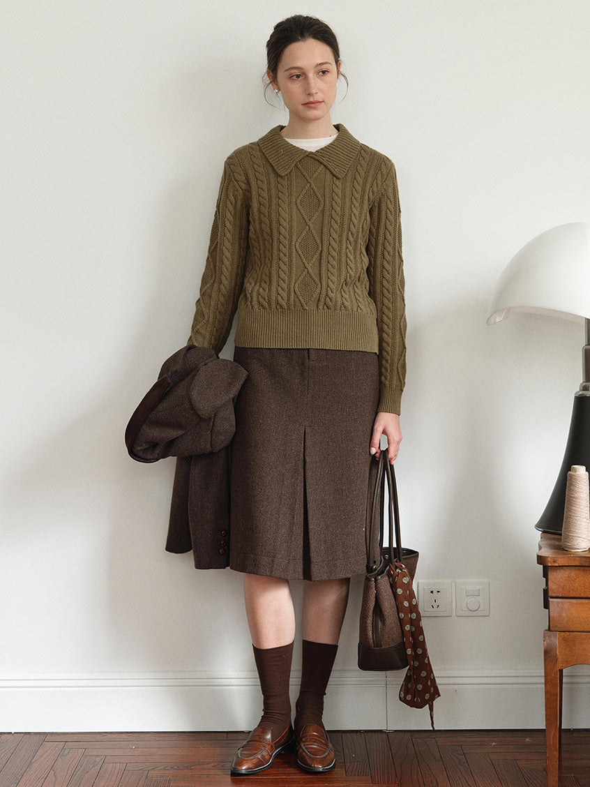Zemira Lapel Collar Cable Knit Sweater