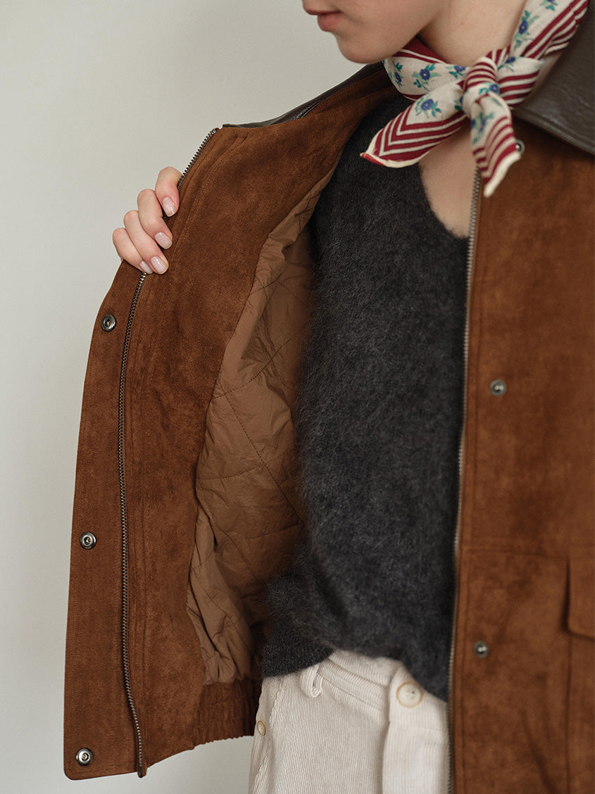 Lou Contrast-Collar Faux-Suede Zip Barn Jacket