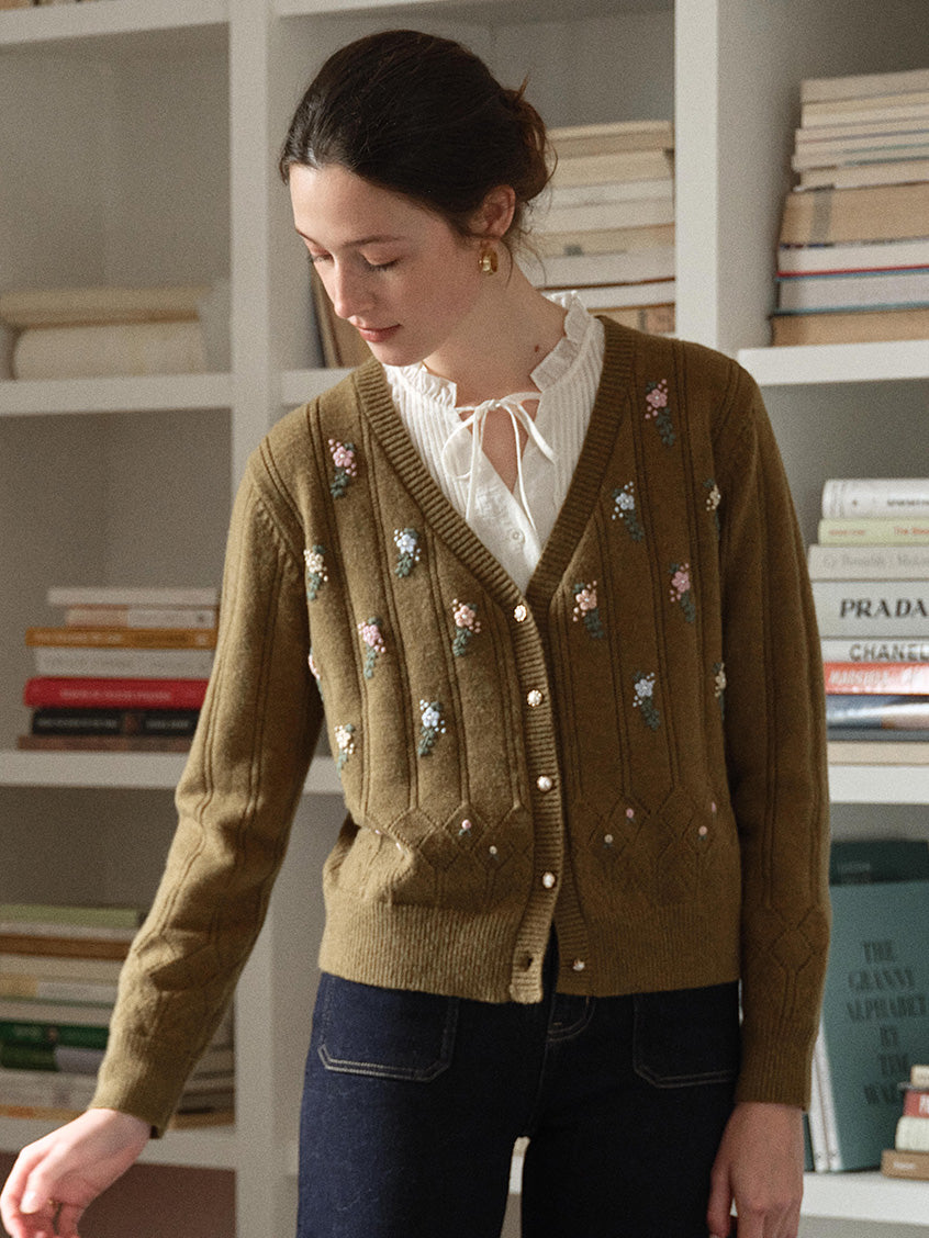 Lieve V-Neck Floral Embroidered Pointelle Cardigan