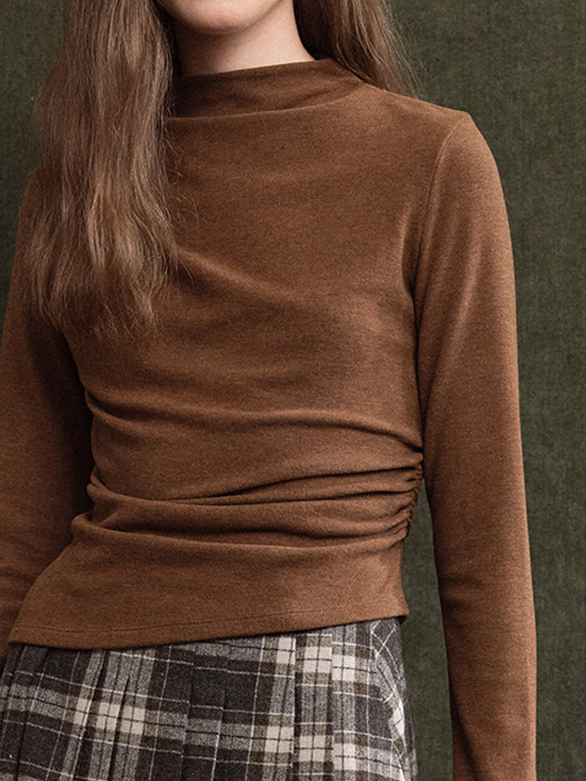 Izora All-Purpose Side-Ruched Mock-Neck Top Coffee Brown