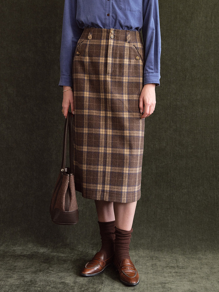 Charis Button-Front Plaid Wool-Blend Midi Skirt