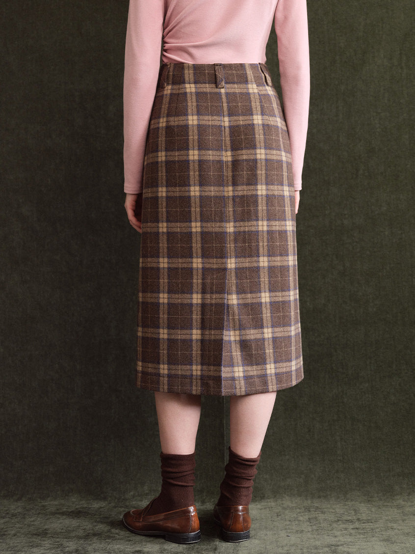 Charis Button-Front Plaid Wool-Blend Midi Skirt
