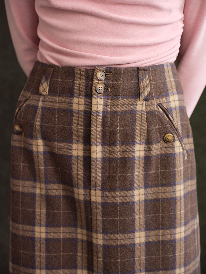 Charis Button-Front Plaid Wool-Blend Midi Skirt