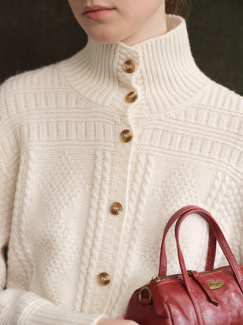 Emilie 100%Wool Johnny-Collar Gold-Button Cardigan