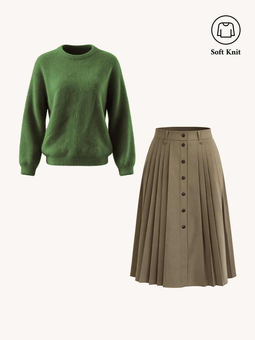 2Pcs Set Tru Cloud-Soft Wool Round Neck Sweater Grass Green & Clare High-Waist Button-Front Pleated A-Line Midi Skirt