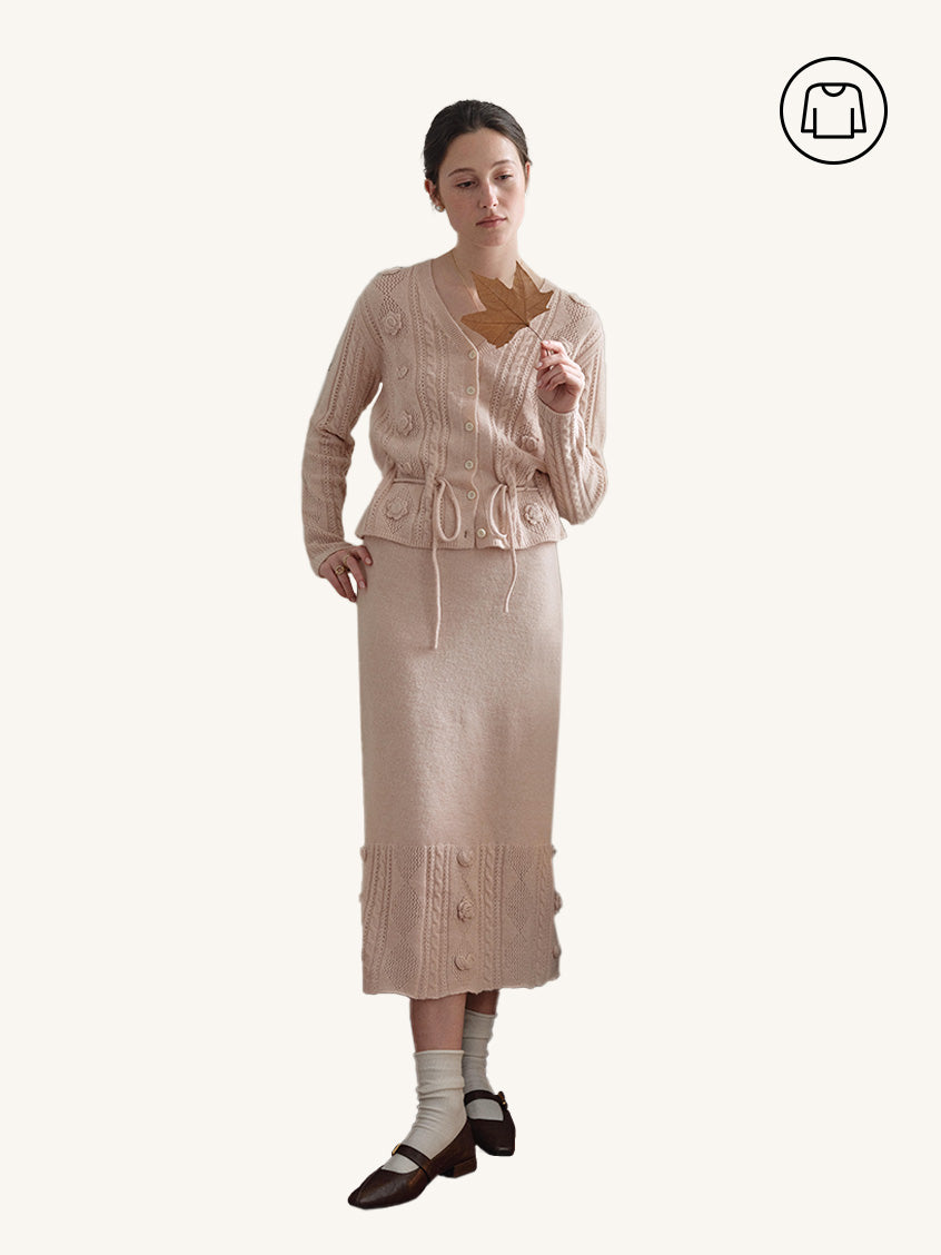 2Pcs Set Lusa V-Neck Tie Waist Floral Embroidery Knit Cardigan&Lusa Floral Embroidery Knit Midi Skirt