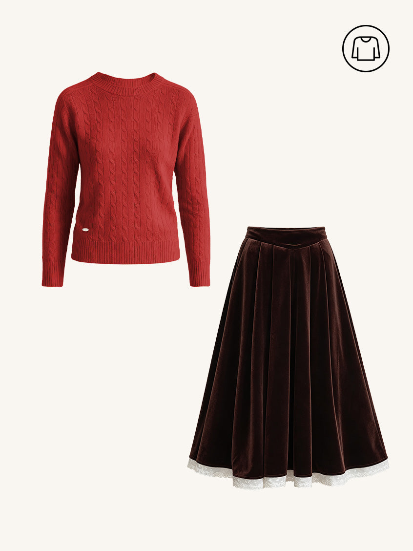 2Pcs Set Shay Cable-Knit Lightweight Wool-Cashmere Sweater&Carlota Lace Hem Pocket Velvet Midi Skirt