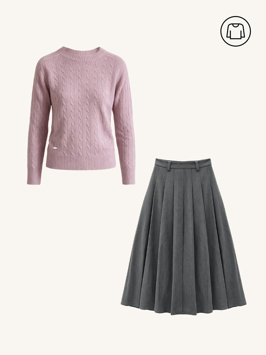 2Pcs Set Shay Cable-Knit Lightweight Wool-Cashmere Sweater&Linda Versatile Silhouette A-line Pleats Skirt