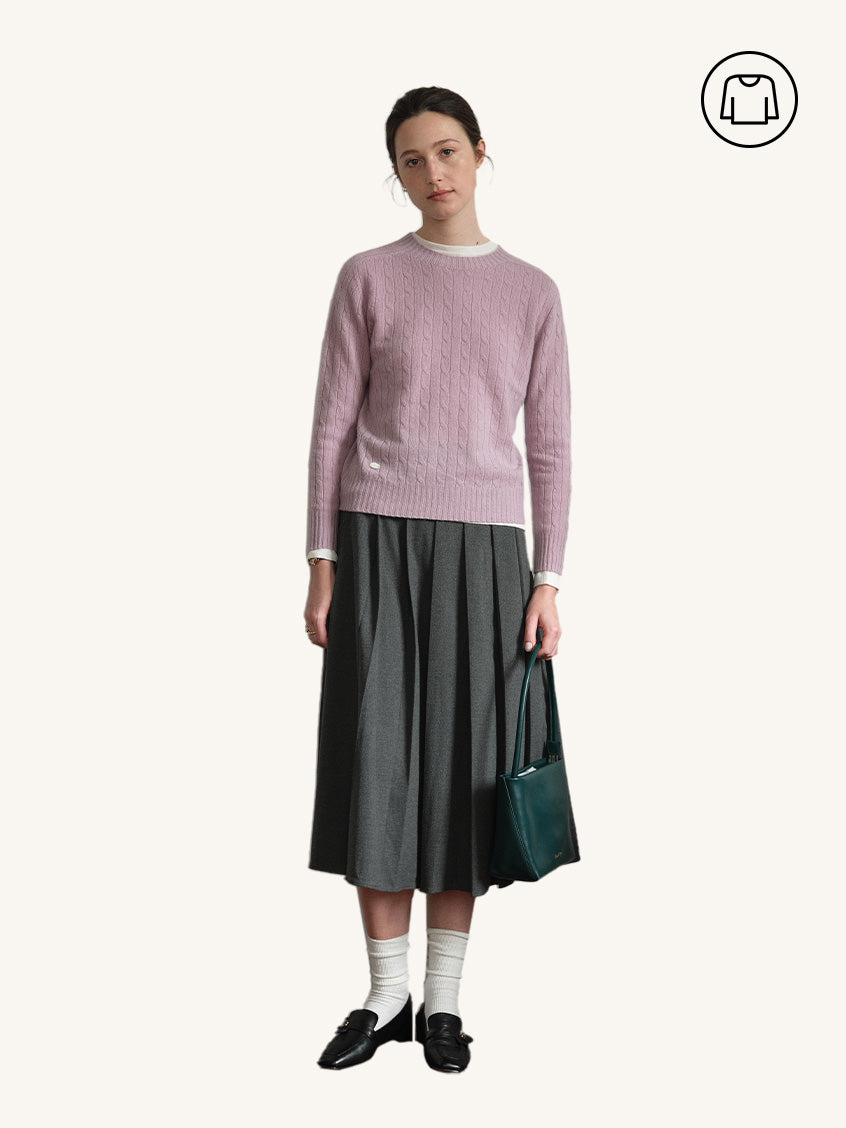 2Pcs Set Shay Cable-Knit Lightweight Wool-Cashmere Sweater&Linda Versatile Silhouette A-line Pleats Skirt