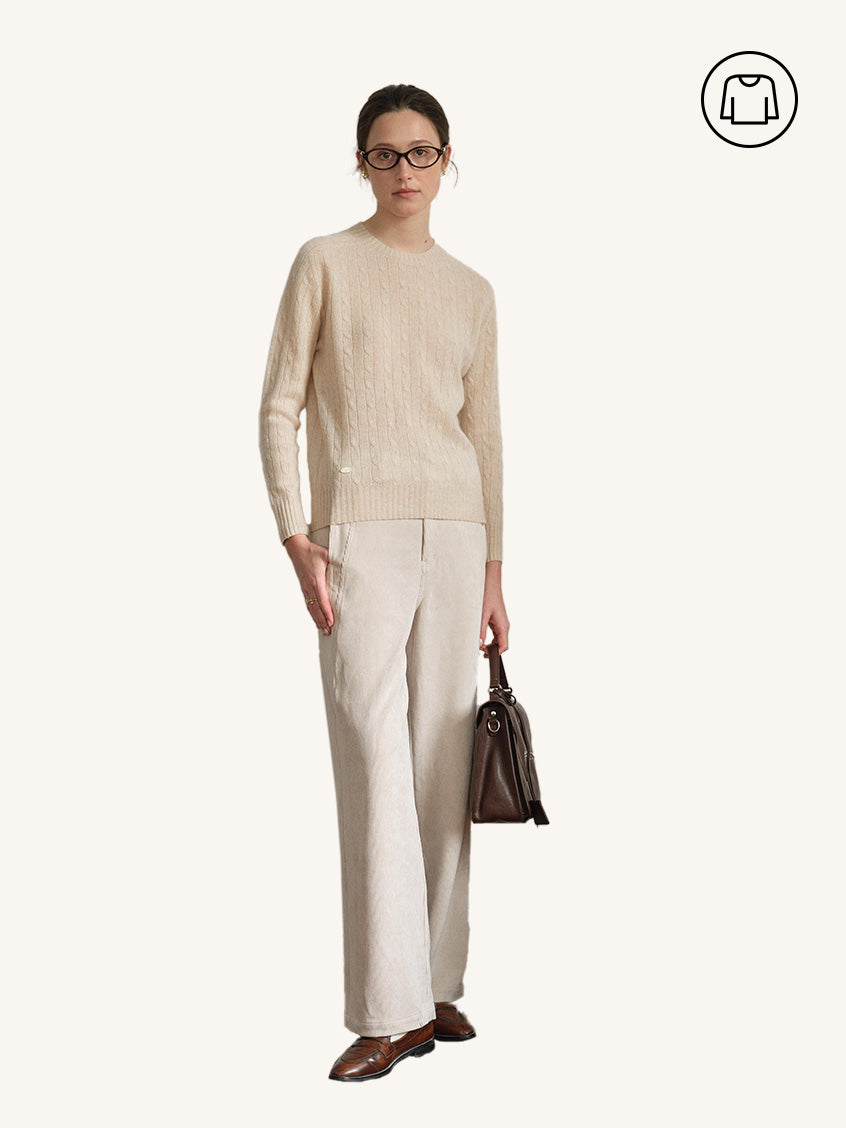 2Pcs Set Shay Cable-Knit Lightweight Wool-Cashmere Sweater&Ghislaine High-Waisted Wide-Leg Trousers