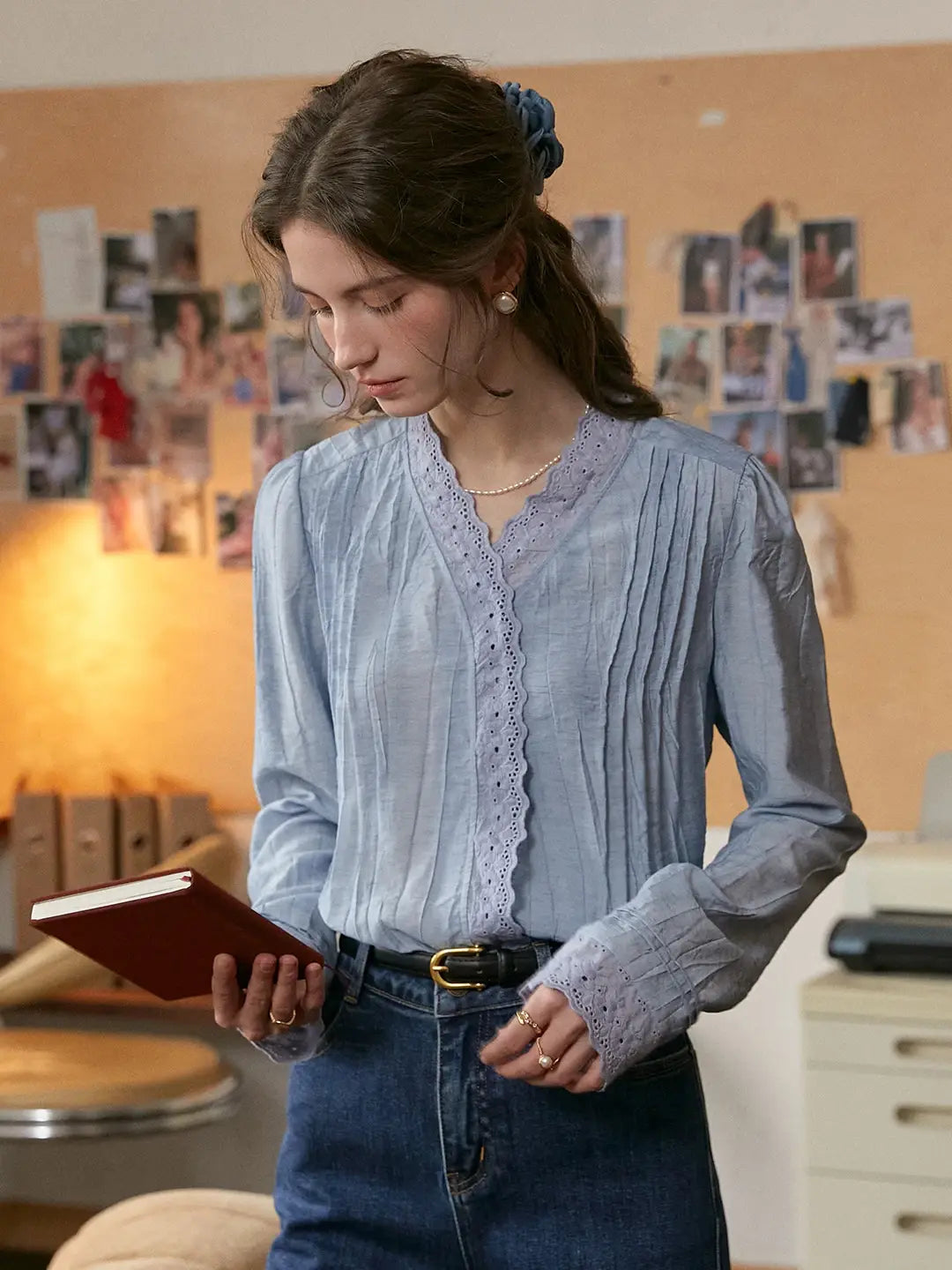 Allyson V-Neck Lace Cotton Blouse