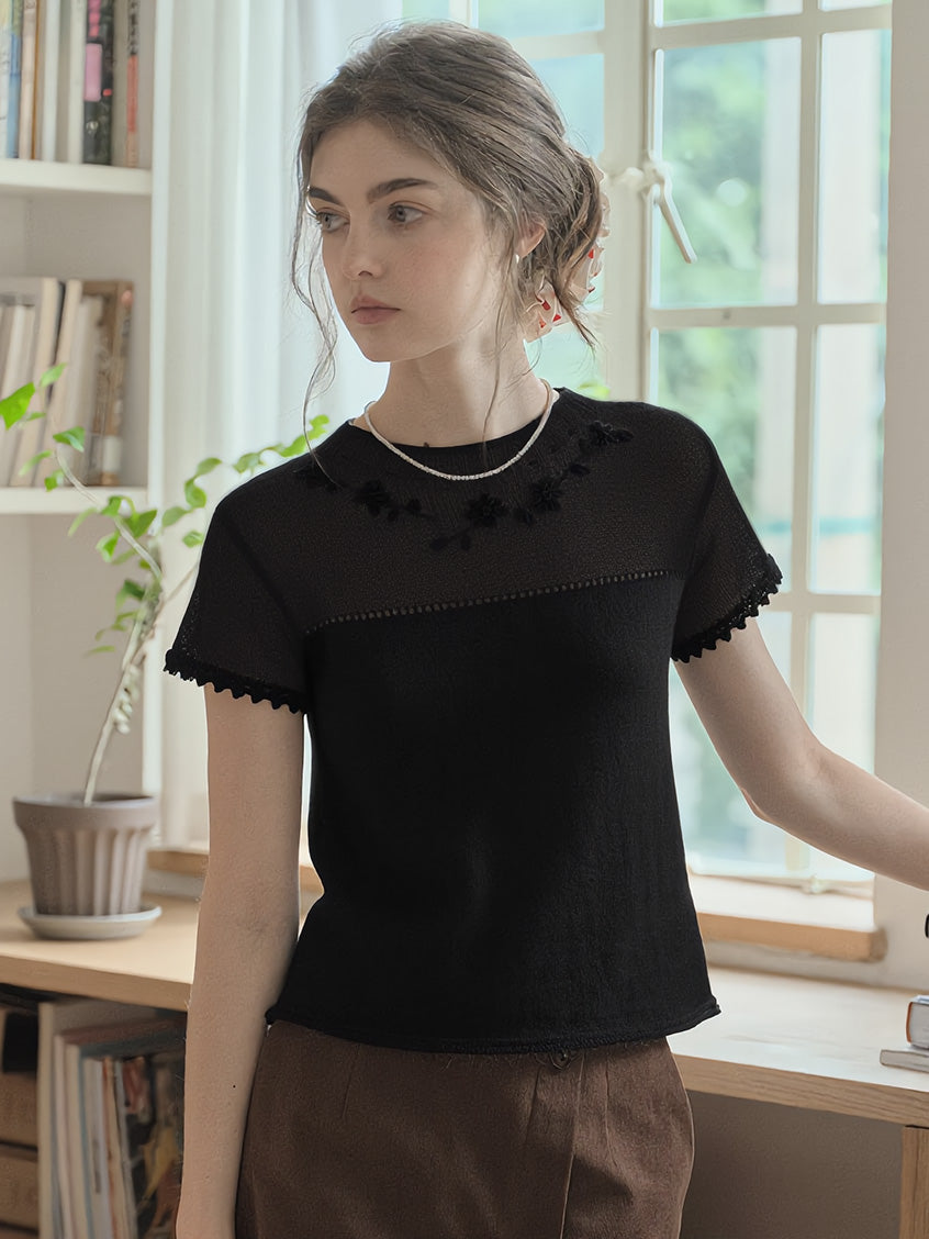 Ellianna Round Neck Lace Embroidery Knitwear