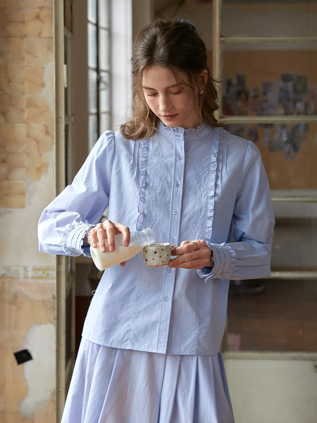 Kassidy Ruffle Collar Embroidered 100% Cotton Blouse