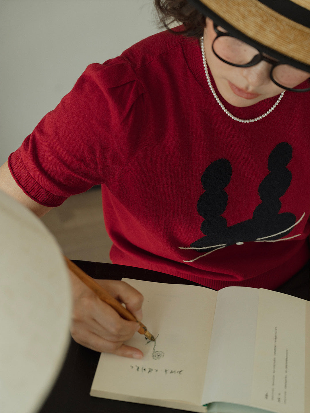 Chowxiaodou Puff-Sleeve Knit Linen T-Shirt