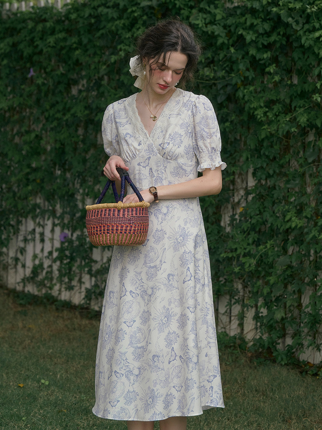 Stormi Charming V-neck Lace Trimmed Floral Print Dress
