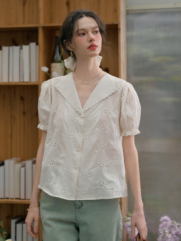 Willa Hollow Floral Embroidered Lapel Puff Sleeve Cotton Blouse