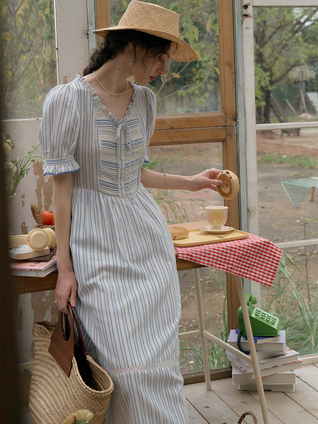 Raelyn Trim Bow Round Neck Puff Sleeve Lace Striped Cotton Dress